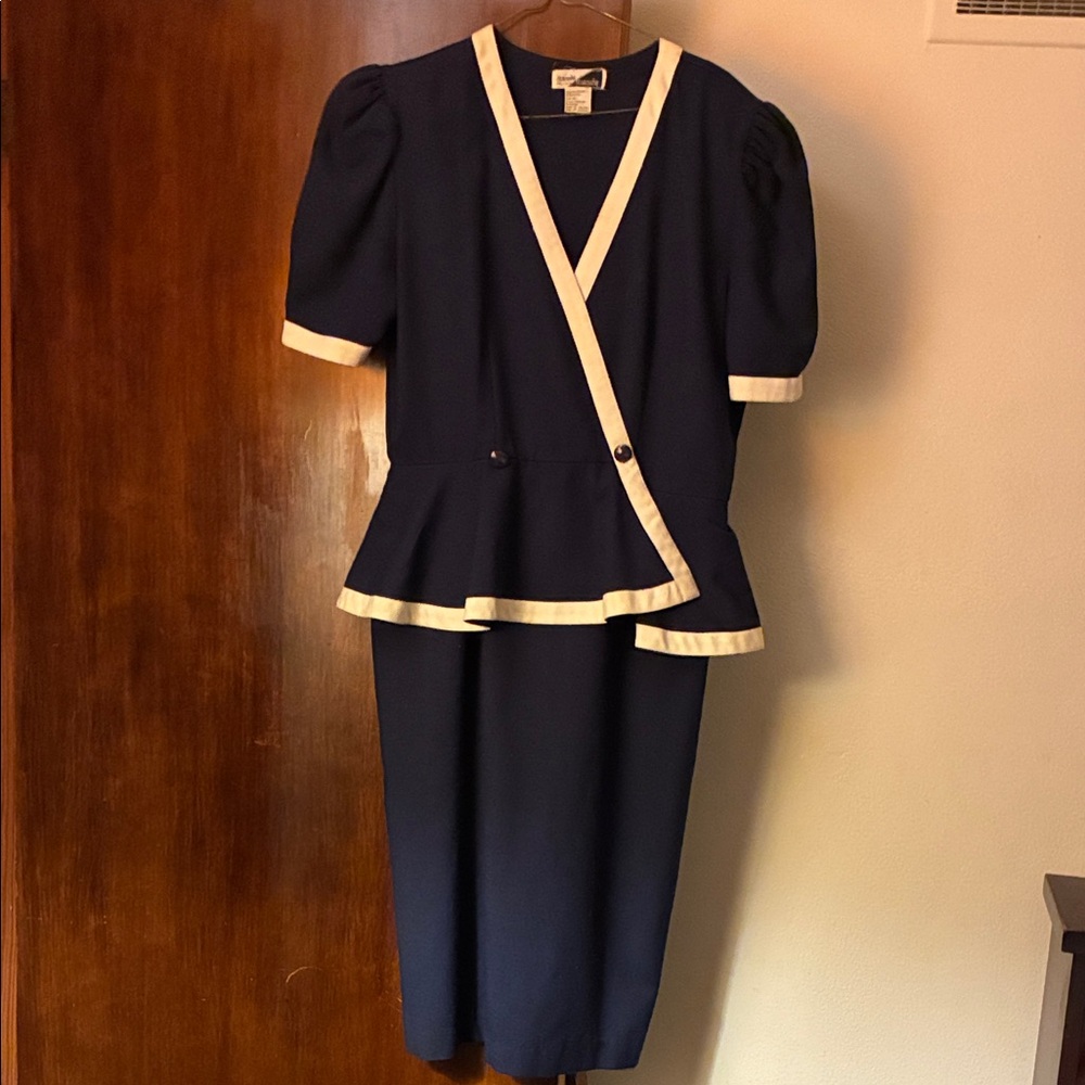Elegant Navy Blue Dress with White Trim